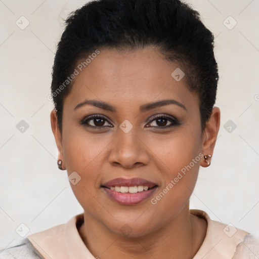 Joyful latino young-adult female with short  brown hair and brown eyes