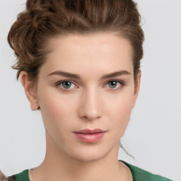 Neutral white young-adult female with short  brown hair and brown eyes