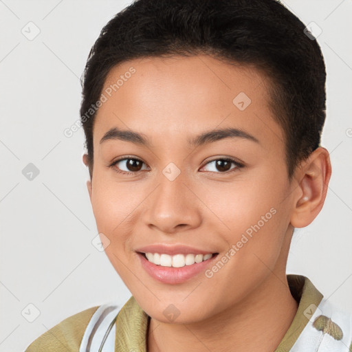 Joyful white young-adult female with short  brown hair and brown eyes