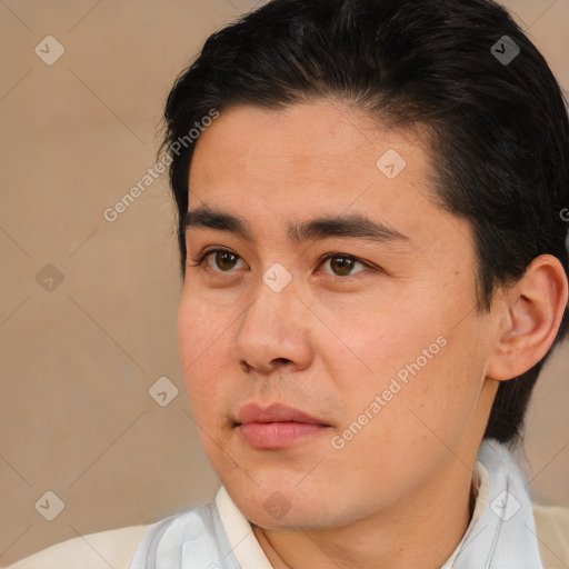Neutral white young-adult male with short  black hair and brown eyes