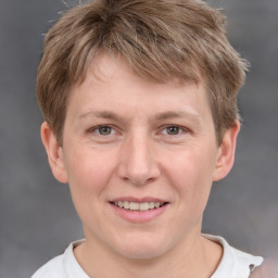 Joyful white adult male with short  brown hair and grey eyes