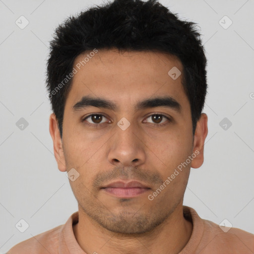 Neutral latino young-adult male with short  black hair and brown eyes