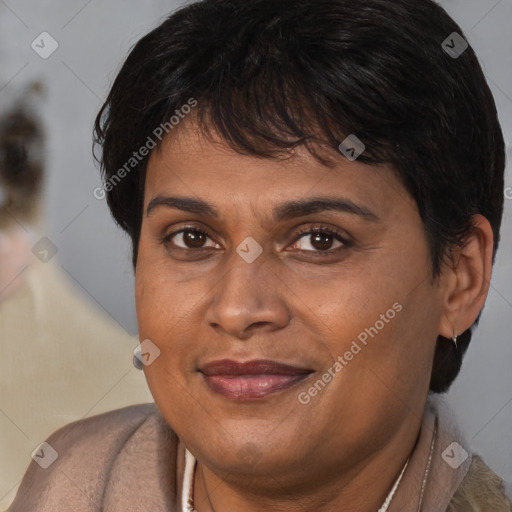 Joyful white adult female with medium  brown hair and brown eyes