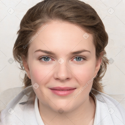 Joyful white young-adult female with medium  brown hair and blue eyes