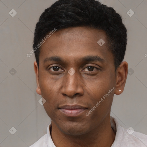 Neutral black young-adult male with short  black hair and brown eyes