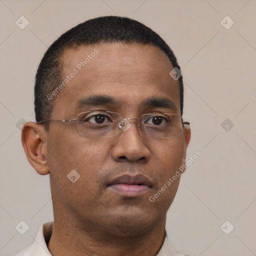 Neutral black young-adult male with short  brown hair and brown eyes