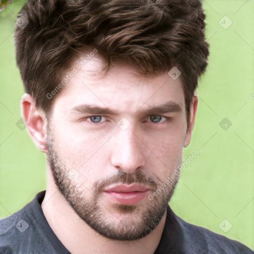 Neutral white young-adult male with short  brown hair and grey eyes