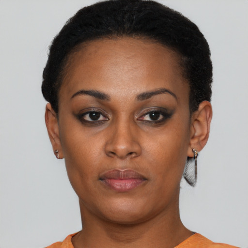 Neutral black young-adult female with short  black hair and brown eyes