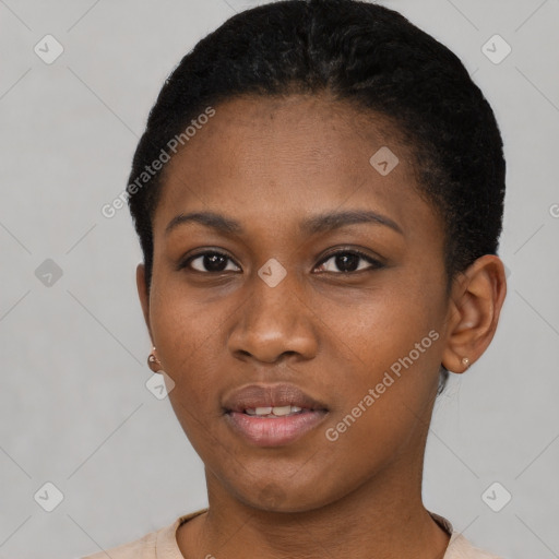 Neutral black young-adult female with short  black hair and brown eyes