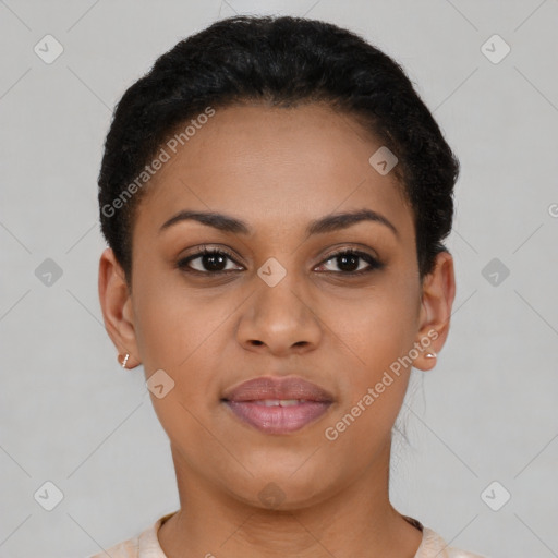Joyful latino young-adult female with short  brown hair and brown eyes
