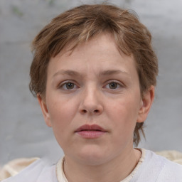 Neutral white young-adult female with short  brown hair and brown eyes