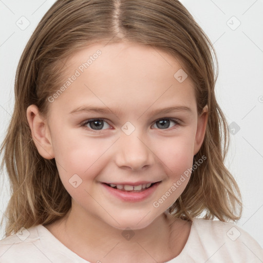 Joyful white child female with medium  brown hair and brown eyes