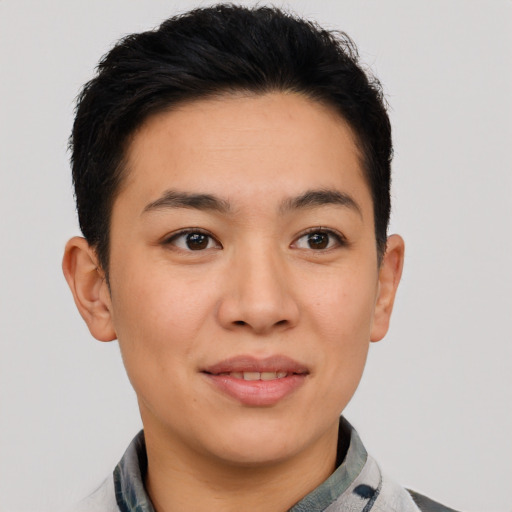 Joyful asian young-adult female with short  brown hair and brown eyes