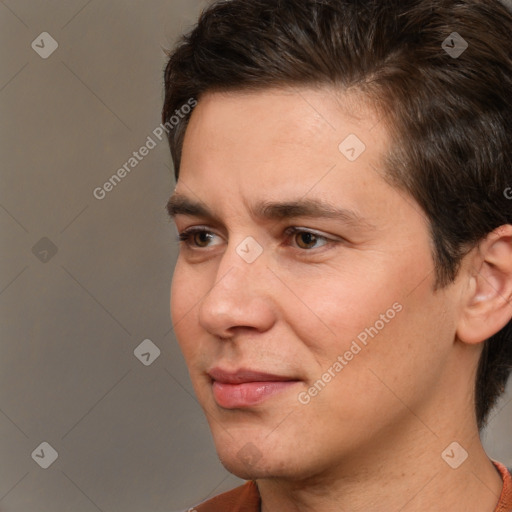 Neutral white young-adult male with short  brown hair and brown eyes