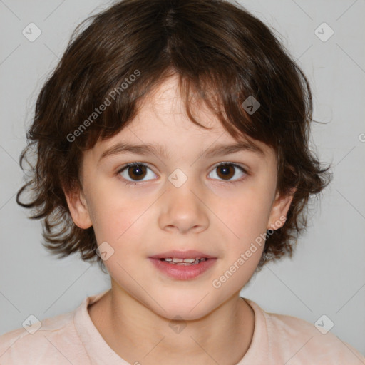 Joyful white child female with medium  brown hair and brown eyes