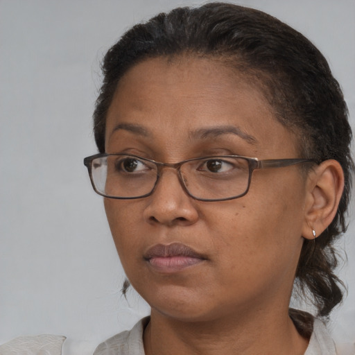 Neutral black adult female with medium  brown hair and brown eyes