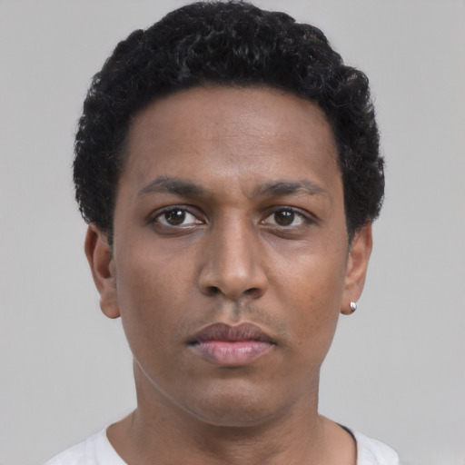 Neutral black young-adult male with short  black hair and brown eyes