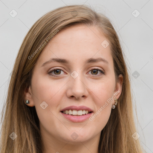 Joyful white young-adult female with long  brown hair and grey eyes