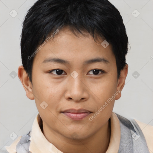 Joyful asian young-adult female with short  brown hair and brown eyes