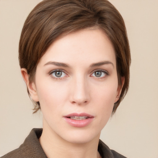 Neutral white young-adult female with short  brown hair and brown eyes