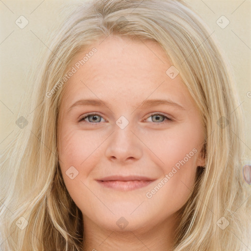 Joyful white young-adult female with long  brown hair and blue eyes