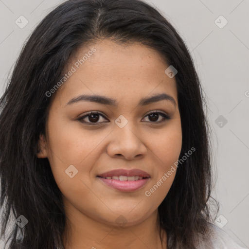 Joyful asian young-adult female with long  brown hair and brown eyes