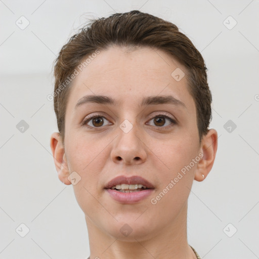 Joyful white young-adult female with short  brown hair and brown eyes