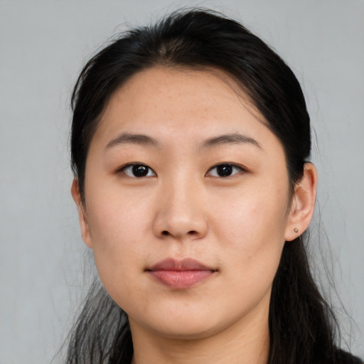 Neutral asian young-adult female with long  black hair and brown eyes