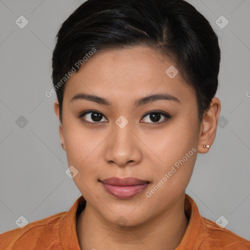 Joyful asian young-adult female with short  brown hair and brown eyes