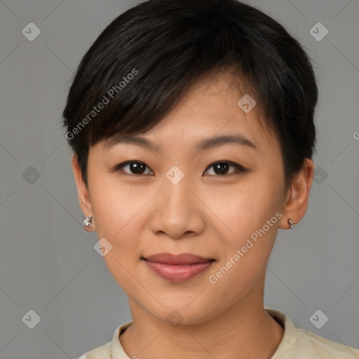 Joyful asian young-adult female with short  brown hair and brown eyes