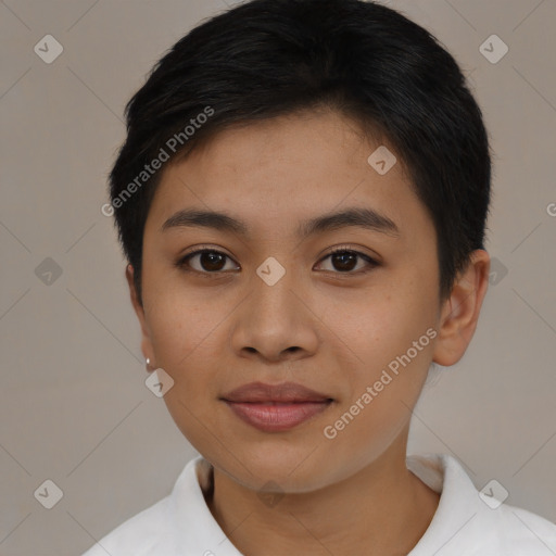 Joyful asian young-adult female with short  brown hair and brown eyes