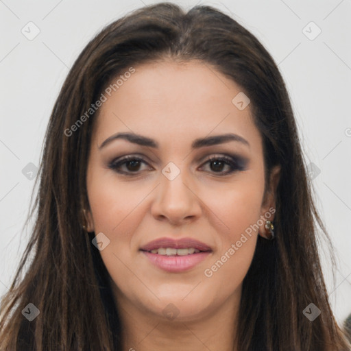 Joyful white young-adult female with long  brown hair and brown eyes