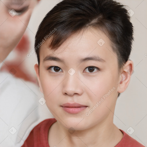 Neutral white young-adult female with short  brown hair and brown eyes