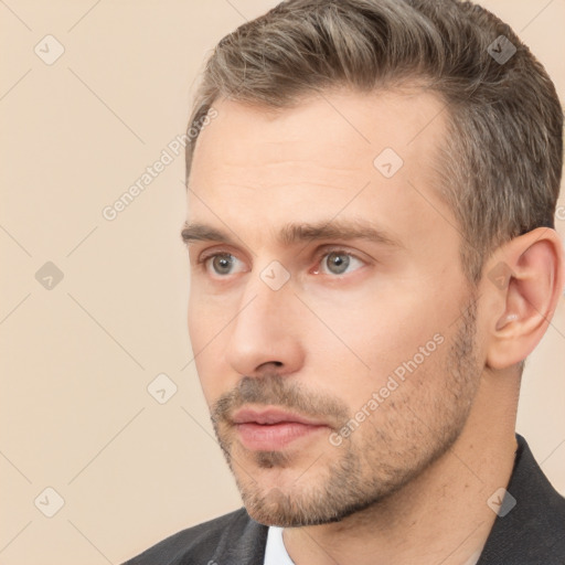 Neutral white young-adult male with short  brown hair and brown eyes