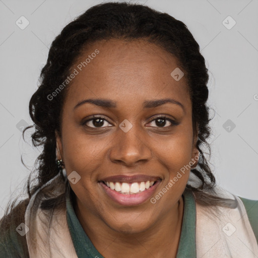 Joyful black young-adult female with long  brown hair and brown eyes