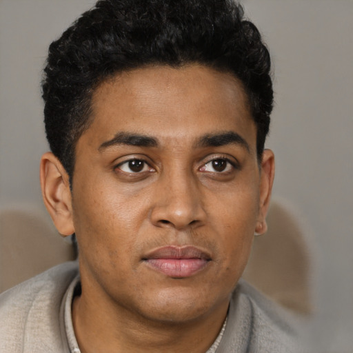 Joyful latino young-adult male with short  brown hair and brown eyes