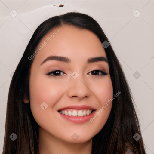 Joyful white young-adult female with long  black hair and brown eyes