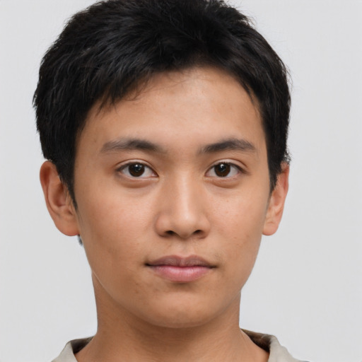 Neutral asian young-adult male with short  brown hair and brown eyes