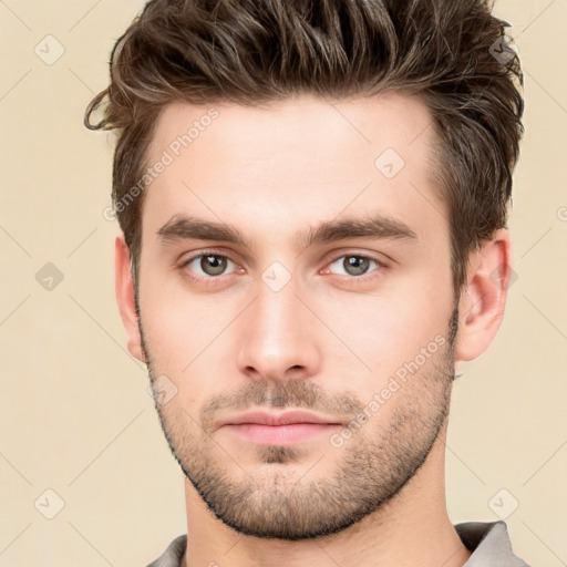 Neutral white young-adult male with short  brown hair and brown eyes