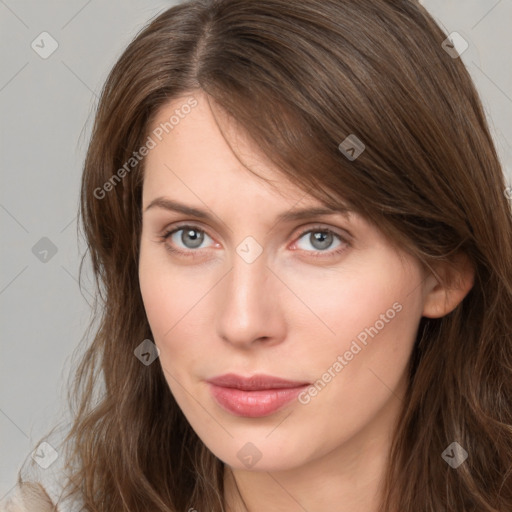 Neutral white young-adult female with medium  brown hair and grey eyes