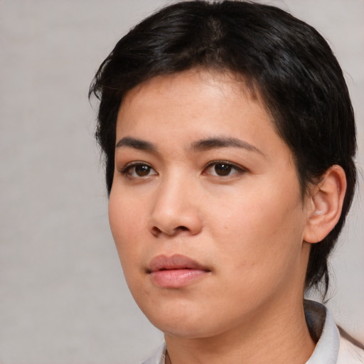 Neutral asian young-adult female with medium  black hair and brown eyes