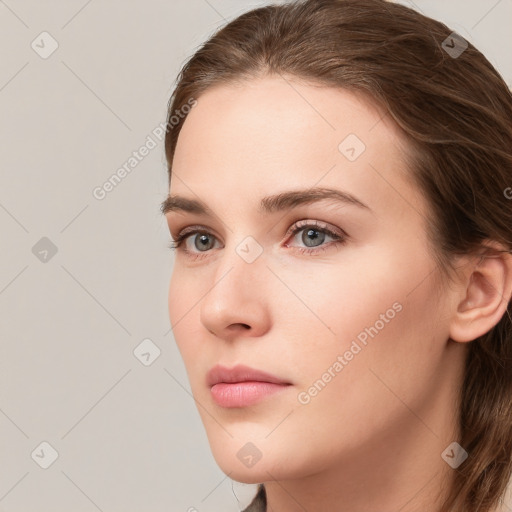 Neutral white young-adult female with long  brown hair and grey eyes