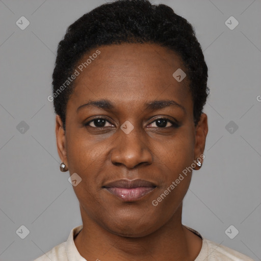 Neutral black young-adult female with short  black hair and brown eyes