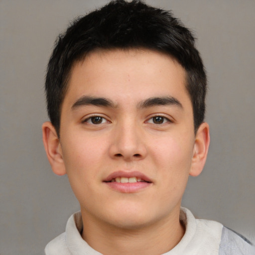 Neutral asian young-adult male with short  brown hair and brown eyes
