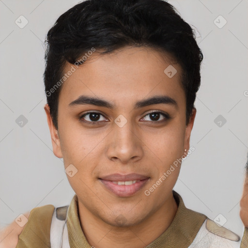 Joyful latino young-adult male with short  brown hair and brown eyes