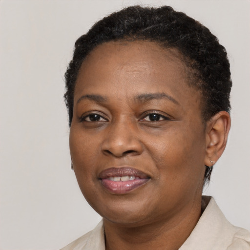 Joyful black adult female with short  black hair and brown eyes