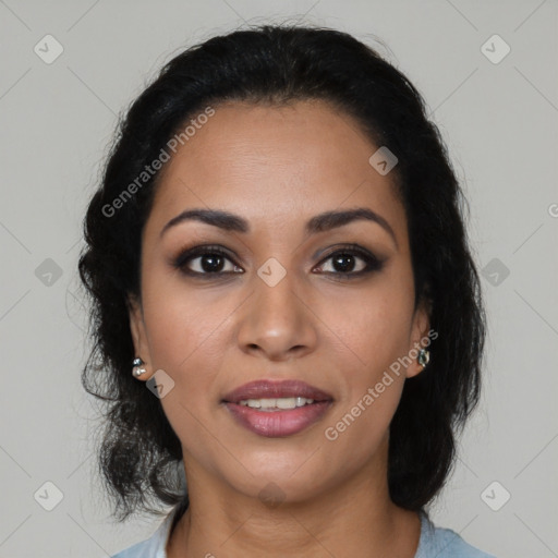 Joyful latino young-adult female with medium  black hair and brown eyes