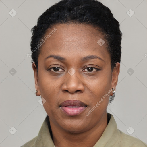 Joyful black adult female with short  black hair and brown eyes