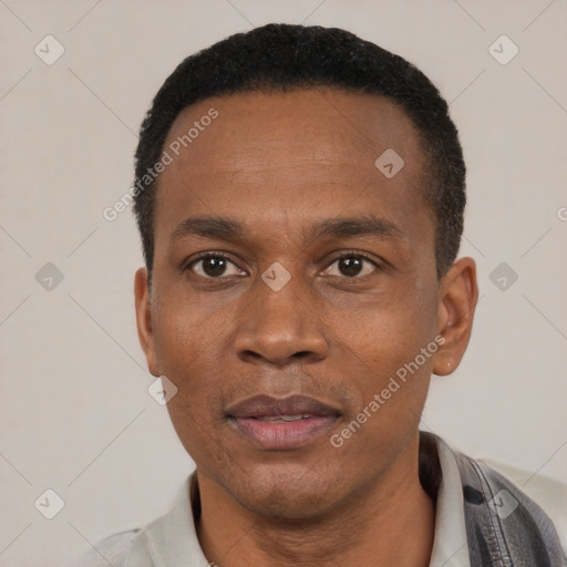 Neutral black adult male with short  black hair and brown eyes