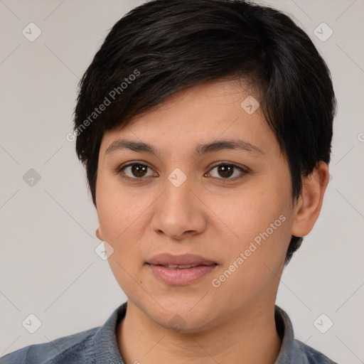 Joyful white young-adult female with medium  black hair and brown eyes